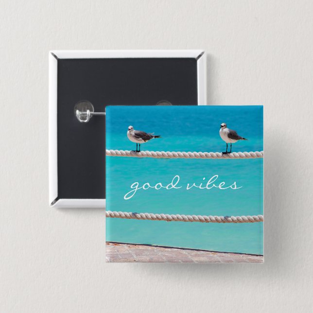 Seagull Birds Turquoise Ocean Photo Good Vibes 15 Cm Square Badge (Front & Back)