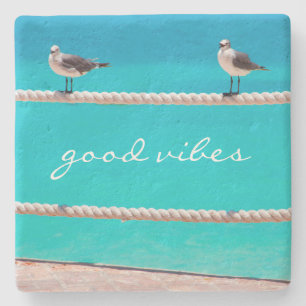 Seagull Birds Turquoise Ocean Photo Good Vibes  Stone Coaster