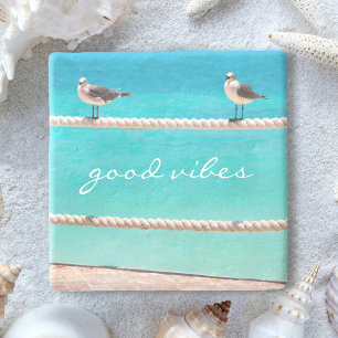 Seagull Birds Turquoise Ocean Photo Good Vibes Stone Coaster