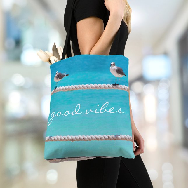 Seagull Birds Turquoise Ocean Photo Good Vibes Tote Bag (Creator Uploaded)