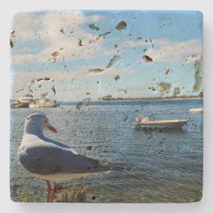 Seagull, Boats And The Ocean, Pocket Watch Stone Coaster