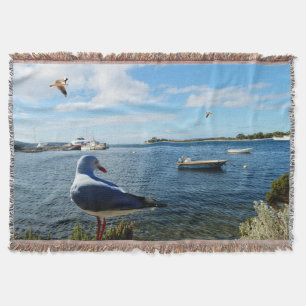 Seagull, Boats And The Ocean, Throw Blanket
