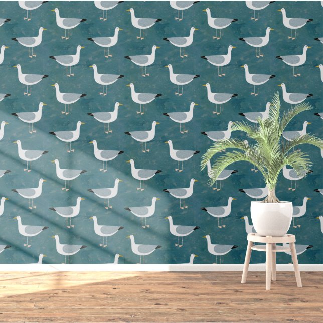 Seagull Coastal Teal Green Wallpaper (Seagull nautical coastal themed wallpaper)