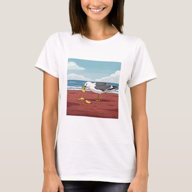 Seagull Eating a Chip on PEI Beach T-Shirt (Front)