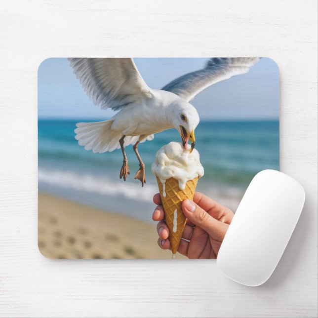 Seagull Eating an Ice Cream Cone Mouse Pad (With Mouse)