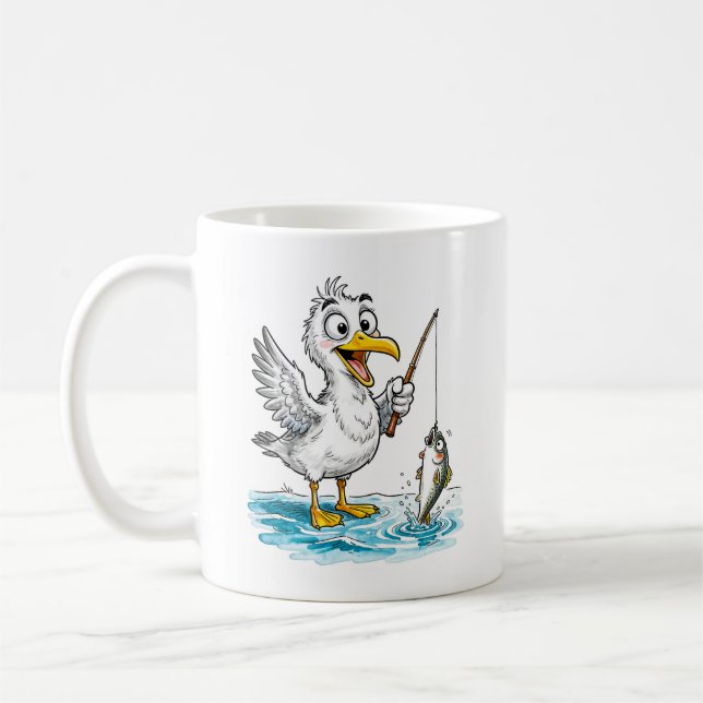 Seagull Fishing with Rod in Shallow Water Coffee Mug (Left)