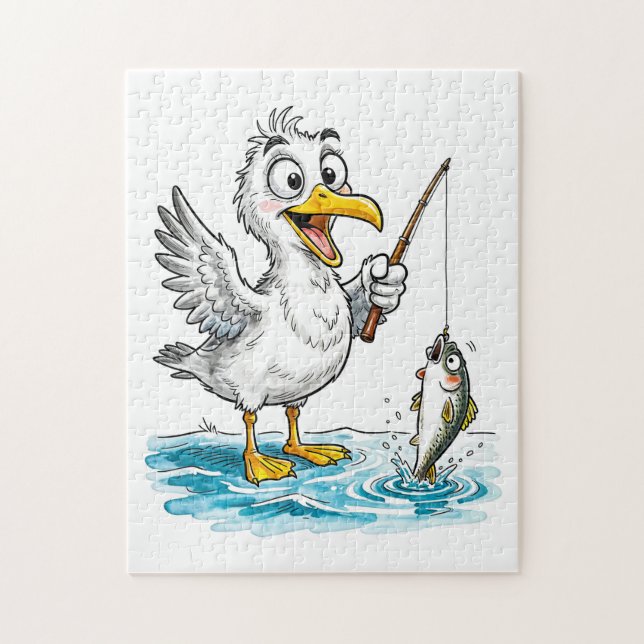 Seagull Fishing with Rod in Shallow Water Jigsaw Puzzle (Vertical)