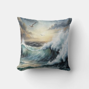 Seagull flying over Stormy Sea Cushion