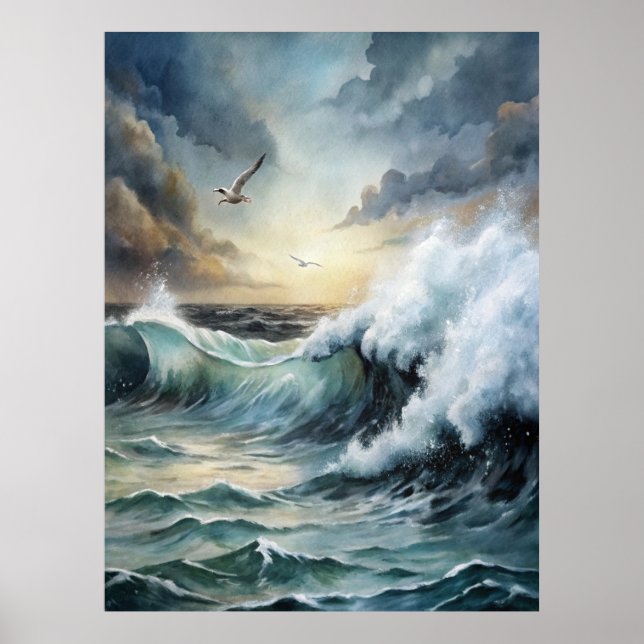 Seagull flying over Stormy Sea Poster (Front)
