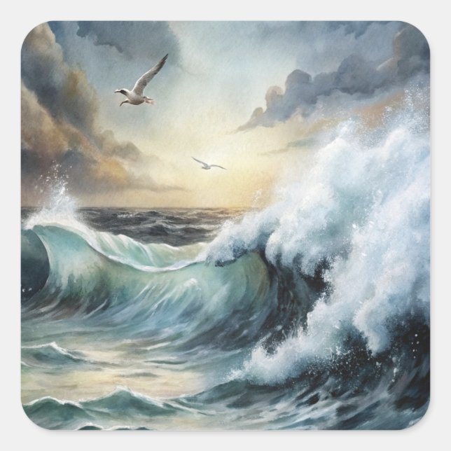 Seagull flying over Stormy Sea Square Sticker (Front)