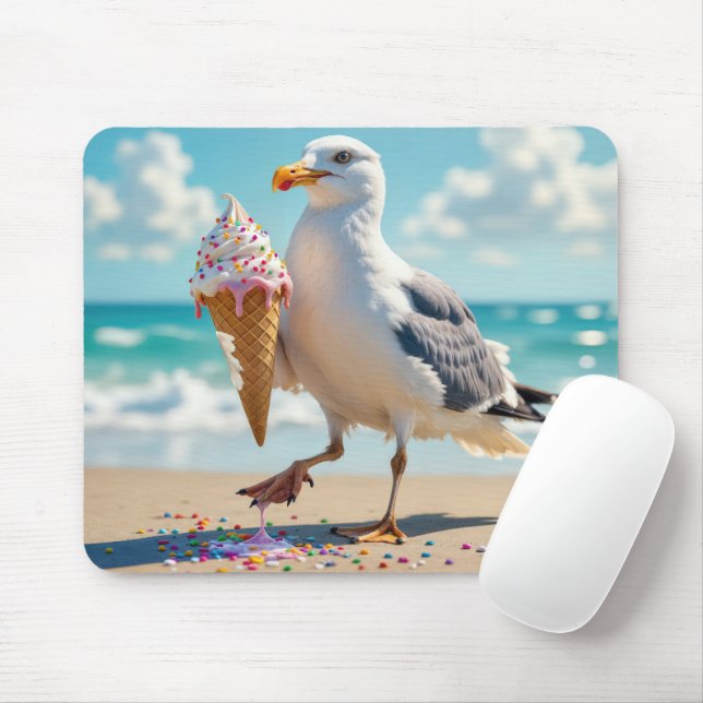 Seagull Holding an Ice Cream Cone Mouse Pad (With Mouse)