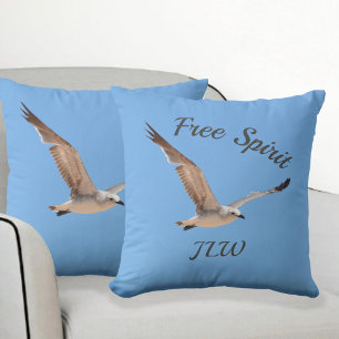 Seagull in Flight Free Spirit Sky Blue Cushion
