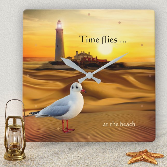Seagull Lighthouse Beach Sunset Wall Clock (Wall clock featuring a beach with lighthouse at sunset with a beautiful seagull)