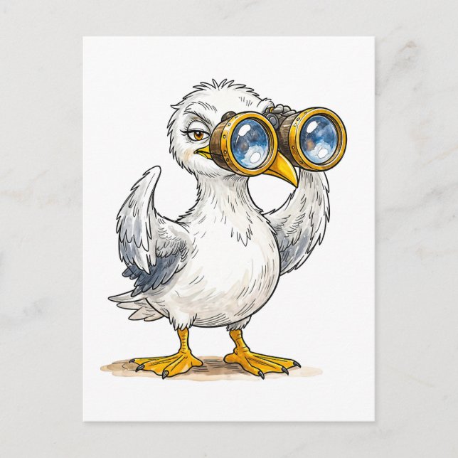 Seagull Looking Through Binoculars at the Coast Postcard (Front)
