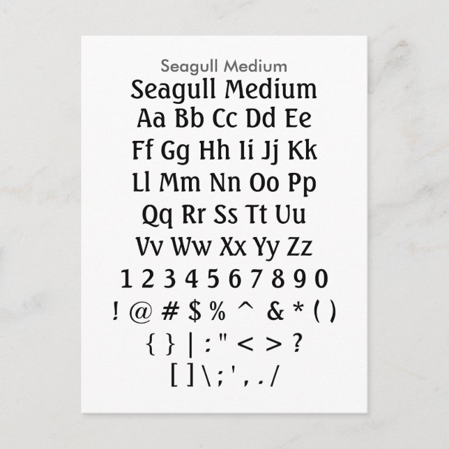 Seagull Medium - Zazzle Font Sample Sheet Postcard (Front)