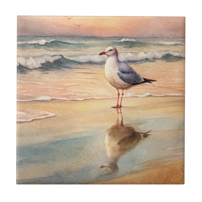 Seagull on a Beach Ceramic Tile (Front)