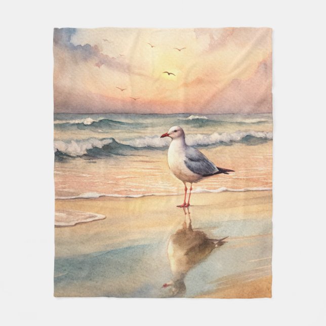 Seagull on a Beach Fleece Blanket (Front)