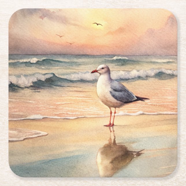 Seagull on a Beach Square Paper Coaster (Front)