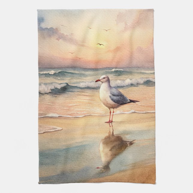 Seagull on a Beach Tea Towel (Vertical)