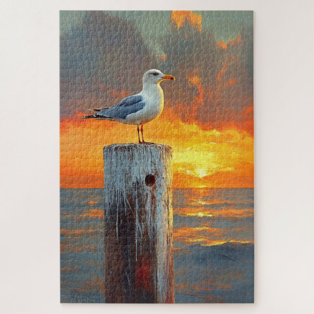 Seagull on a Pole Sunset Jigsaw Puzzle (Vertical)