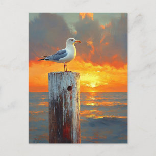 Seagull on a Post Sunset Over the Ocean Art Postcard