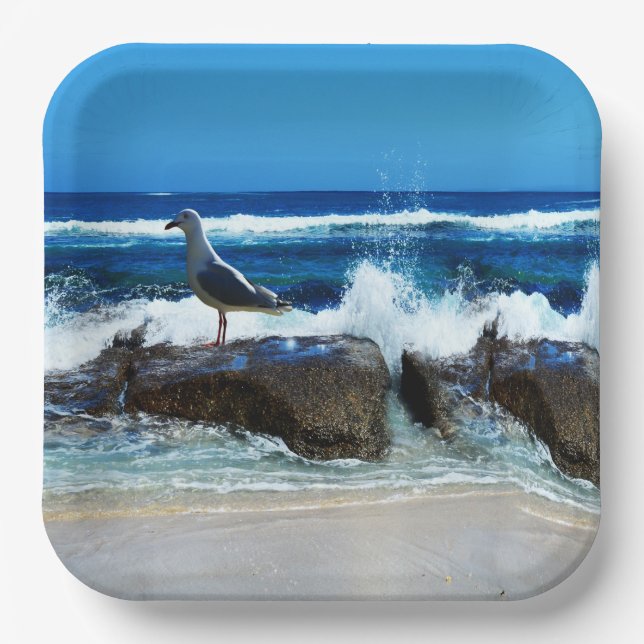 Seagull On Beach Rocks, Paper Plate (Front)