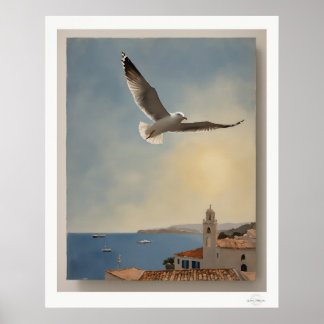 Seagull Over Rooftops Art Print, Coastal Sky Poster