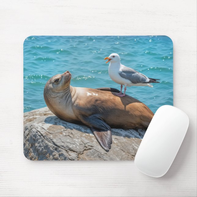 Seagull Perched On a Sea Lion Mouse Pad (With Mouse)