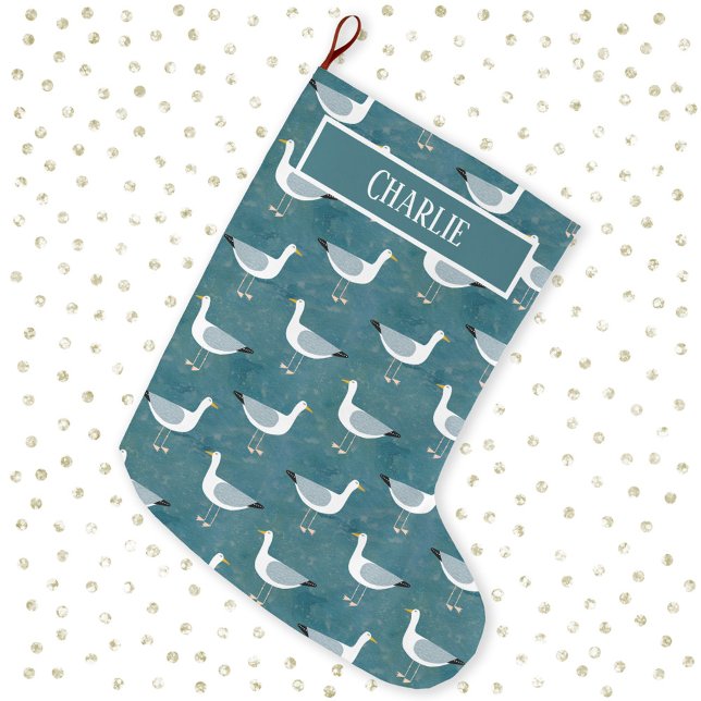 Seagull Personalised  Large Christmas Stocking (Personalized custom name seagull coastal Christmas stocking)
