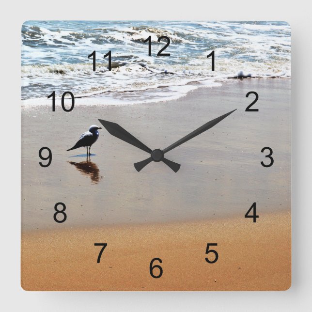 Seagull Reflection with Sand and Ocean Beach Square Wall Clock (Front)