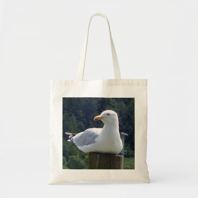 Seagull Resting on Wooden Post Coastal Wildlife  Tote Bag (Front)