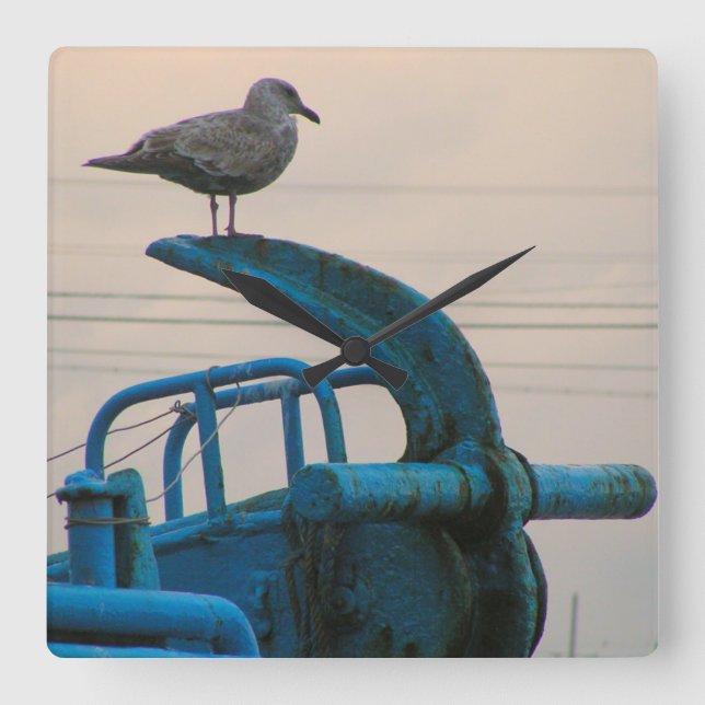 Seagull Rests On Anchor Of Ship | Choshi Square Wall Clock (Front)