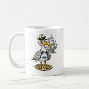 Seagull Sailor with Rope and Ship Background Coffee Mug