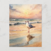 Seagull Sea Shore Sunset Ocean Watercolor Painting