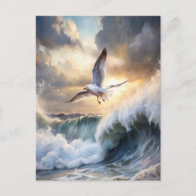 Seagull Soaring Waves Storm Clouds Ocean Coastal Postcard (Front)