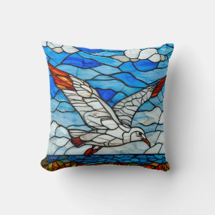Seagull stained glass Coastal Ocean Bird Decorativ Cushion