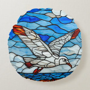 Seagull stained glass Colourful Artistic Bird Round Cushion