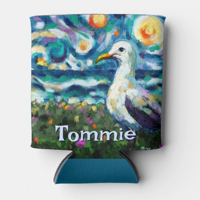 Seagull Van Gogh Style Beach Personalised Can Cooler (Front)