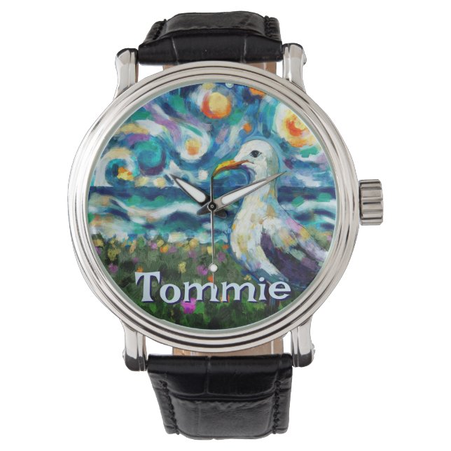 Seagull Van Gogh Style Beach Personalised Watch (Front)