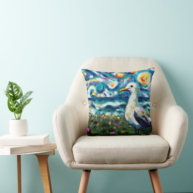Seagull Van Gogh Style Beach Sky Blue Teal  Cushion (Chair)