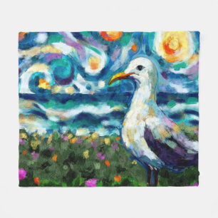 Seagull Van Gogh Style Beach Sky Blue Teal Fleece Blanket