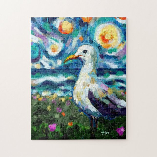 Seagull Van Gogh Style Beach Sky Blue Teal Jigsaw Puzzle (Vertical)