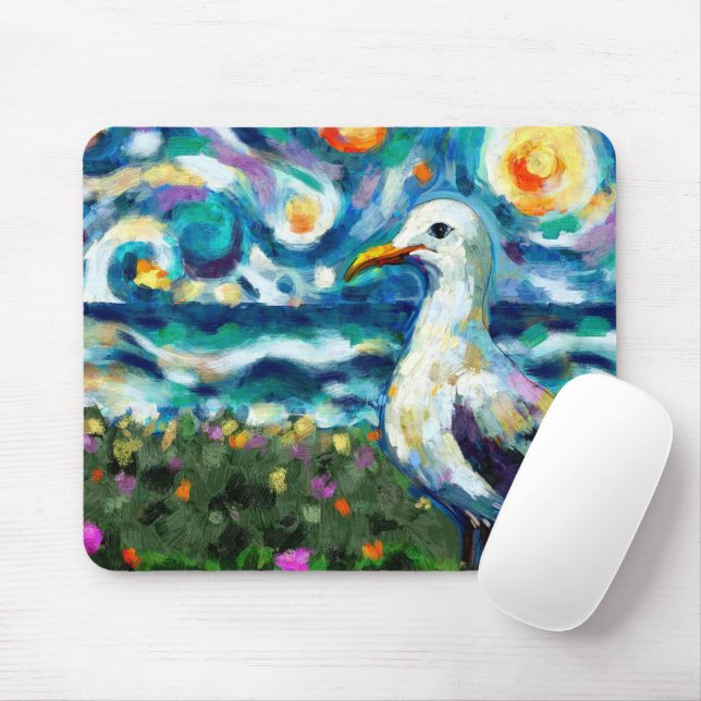Seagull Van Gogh Style Beach Sky Blue Teal Mouse Pad (With Mouse)