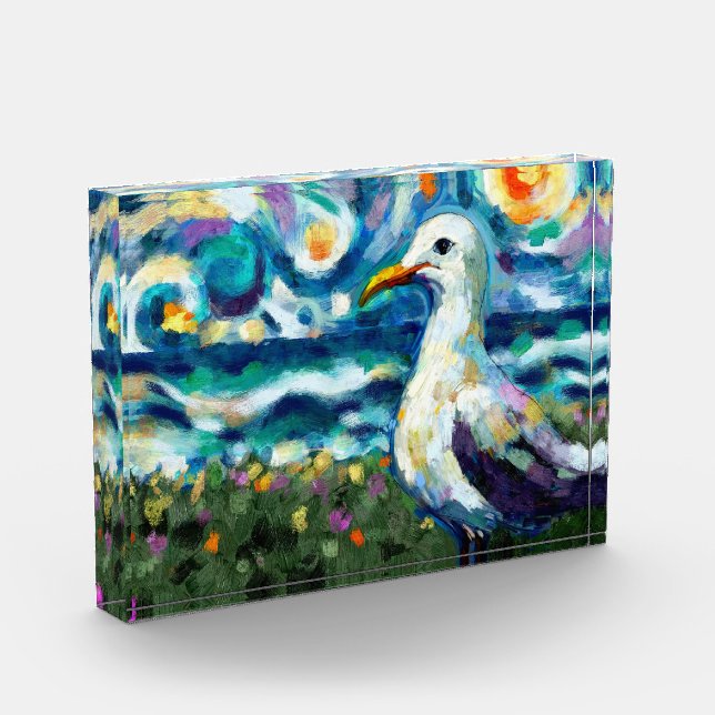 Seagull Van Gogh Style Beach Sky Blue Teal Photo Block (Left)