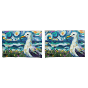 Seagull Van Gogh Style Beach Sky Blue Teal Pillowcase