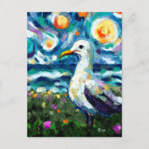 Seagull Van Gogh Style Beach Sky Blue Teal Postcard