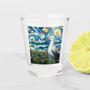 Seagull Van Gogh Style Beach Sky Blue Teal Shot Glass