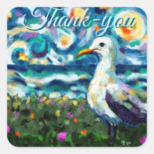 Seagull Van Gogh Style Beach Sky Thank-you Square Sticker