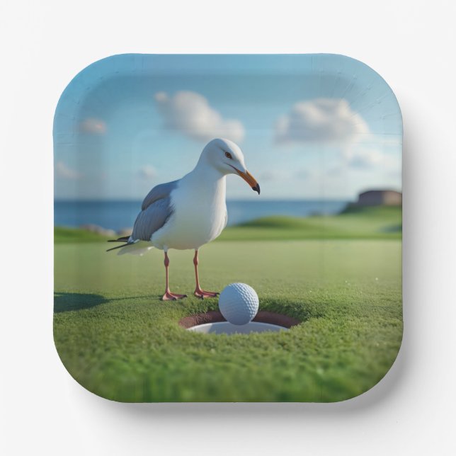 Seagull With a Hole-In-One Golf Ball Paper Plate (Front)