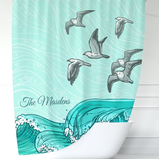 Seagulls and Ocean Waves Monogram Shower Curtain (Creator Uploaded)